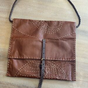 Handmade Chestnut Brown Embroidered Leather Flap Crossbody Bag